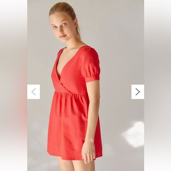 Red Linen Babydoll Mini Dress - Picture 2 of 13